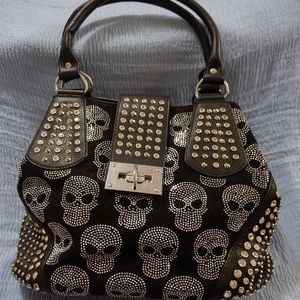 Black Faux Suede & Leather Rhinestone Embellished Skulls Handbag